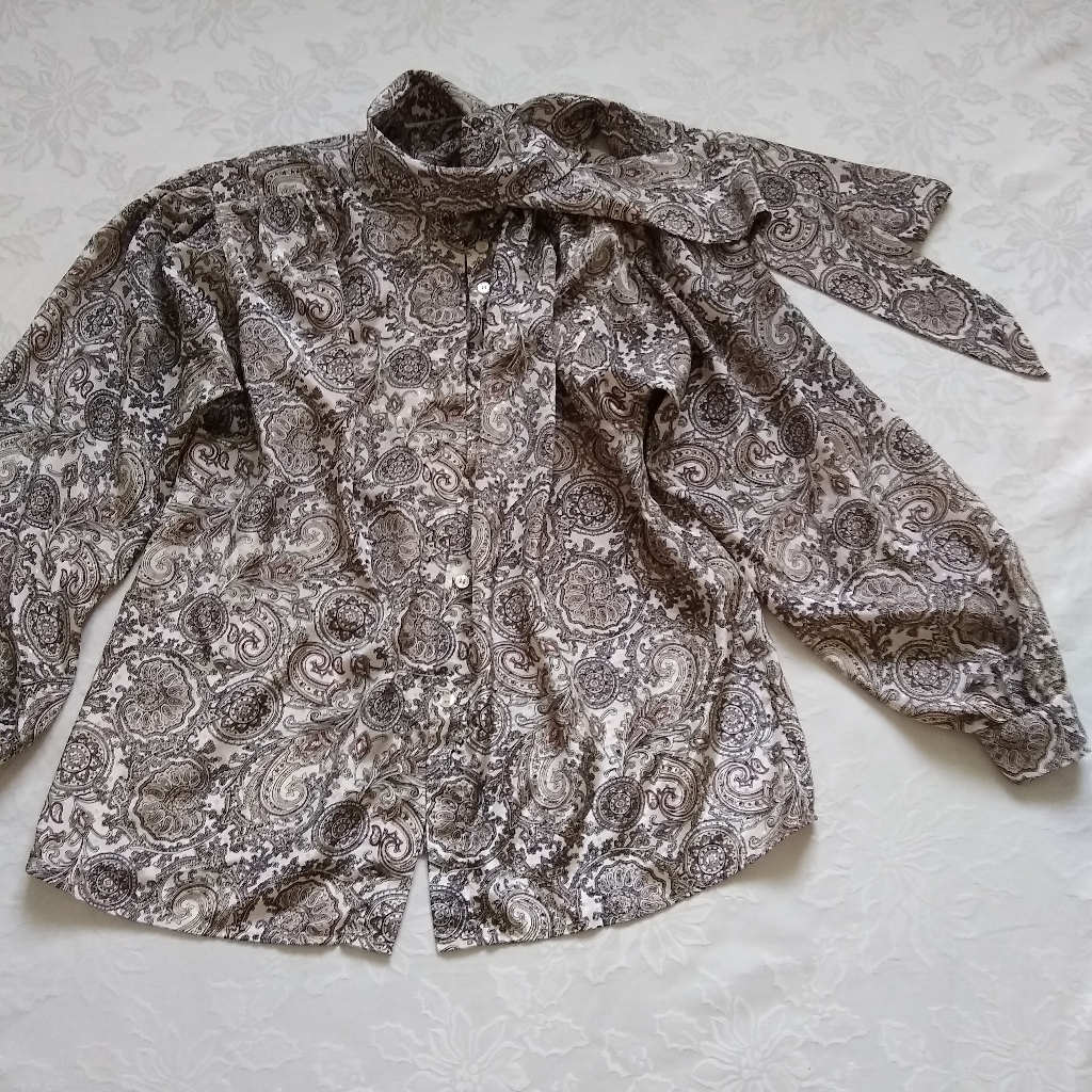 Neck Tie Vintage Jacquard Baroque Puff Sleeve Blouse